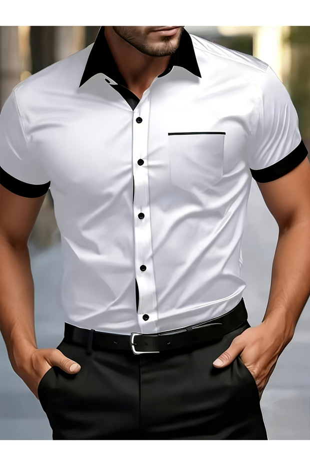 White Plain Spread Collar Short Sleeve Shirt