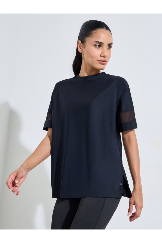 Black Solid Mesh Insert Sleeves Side Slit Active T-Shirt