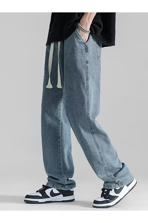 Men Wide-Leg Drawstring Denim Pants