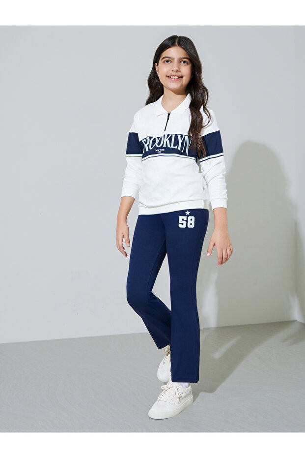 Girls Off White Graphic Print Collared Sweatshirt And Navy Blue Leggings Set