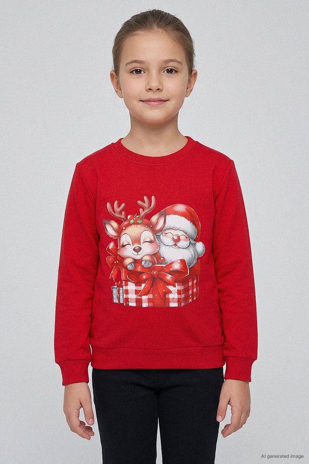 Christmas Children's Sweatshirt with Deer and Santa Claus Print - 26K 30858
