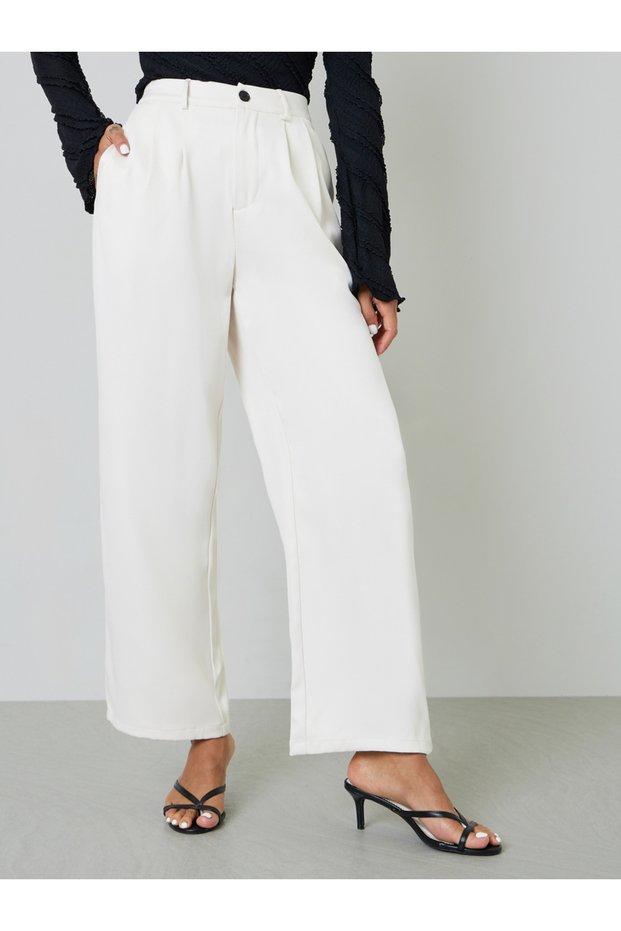 Beige Wide-Leg Pleated Trousers
