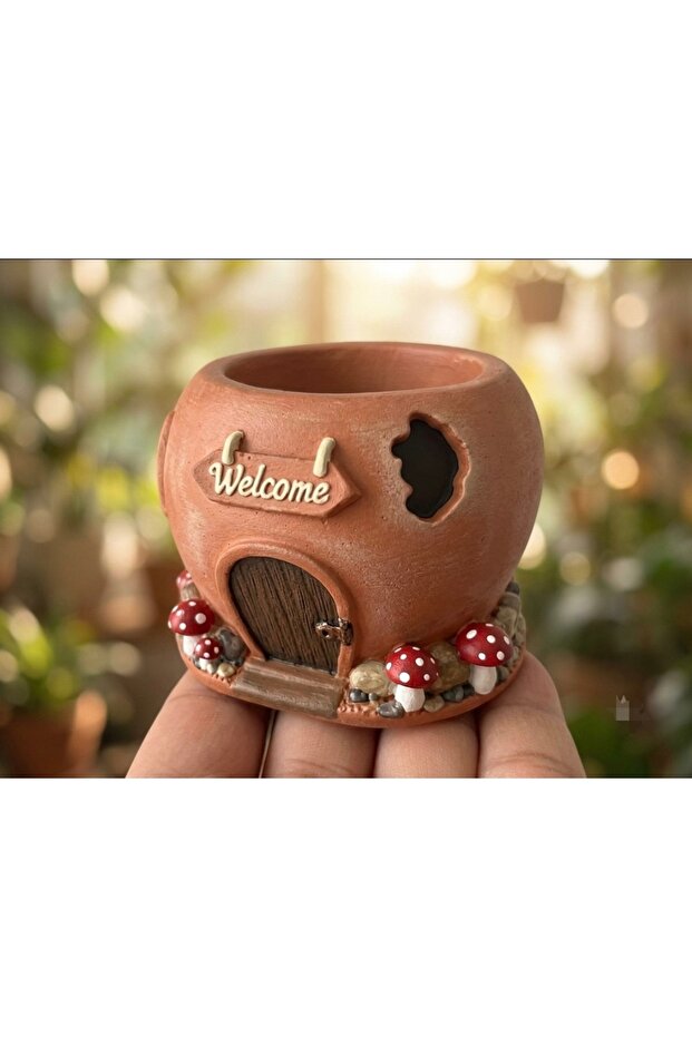 8cm Home Flowerpot Candle Holder, Welcome Fence Door Window Grass Mushroom Decorated Silicone Mold K-1624, Stone Powder Polyester Cement Plaster Mold
