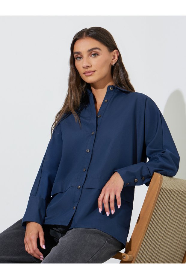 Navy Blue Solid Long Sleeves Button Details Oversized Shirt