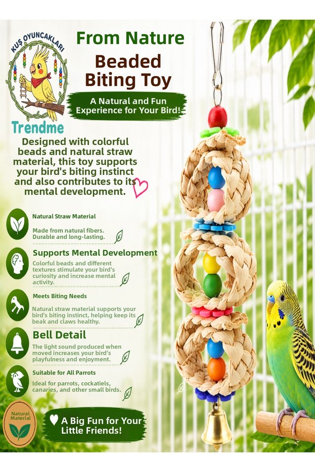 Trendme Natural Wicker Beaded Bird Chewing Toy - Parrot and Budgie Toy with Bell
