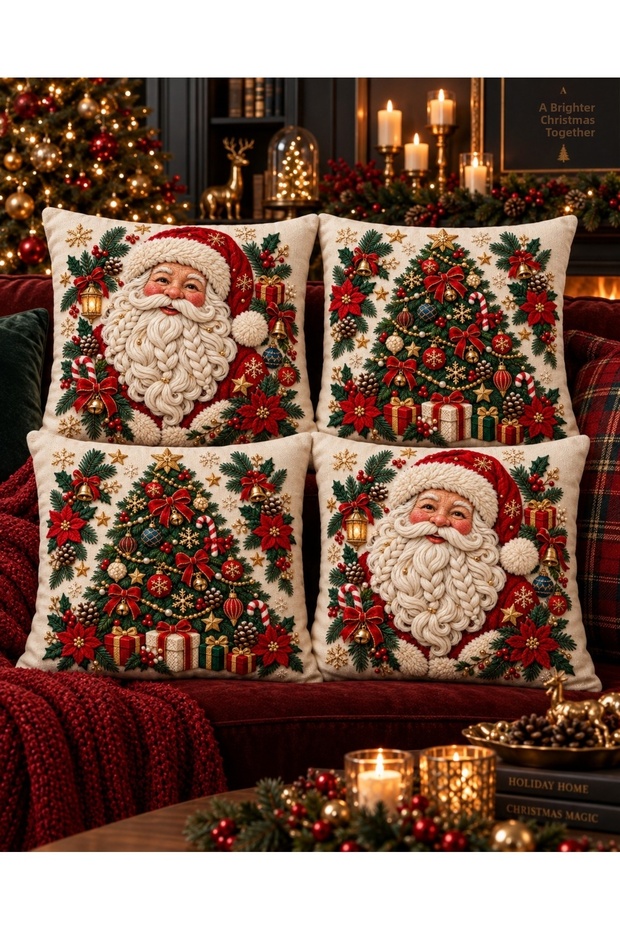 Christmas Santa Claus and Pine Tree Embroidery-Looking Digital Printed Set of 4 Gift Throw Pillow Covers