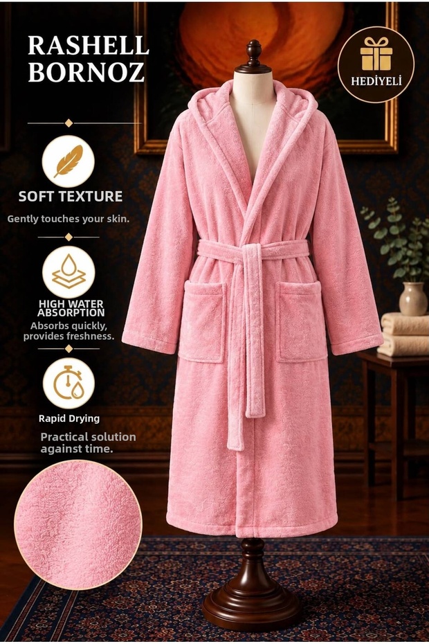 Unisex Rashell Bathrobe with Hood and Belted Pockets – Soft Textured High Water Absorbent Unisex Bath and Shower Robe