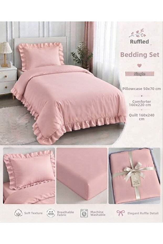 Bedding Set Single 100% Cotton Ruffle Pink