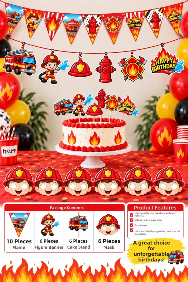 Firefighter Themed Birthday Party Set 10 Streamers 6 Figure Banners 6 Cake Picks 6 Masks