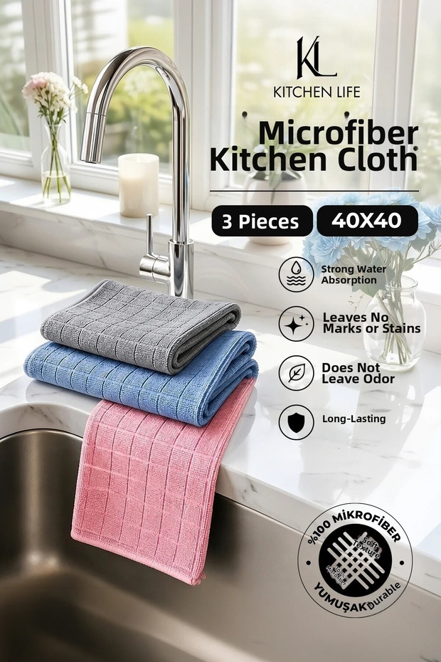 3-Pack Stain-Resistant Microfiber Dust and Kitchen Cleaning Cloth 40X40 cm
