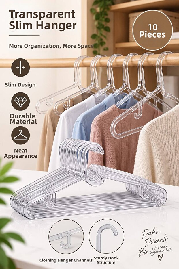 10 Pieces Transparent Slim Clothes and Garment Hanger Thin Durable Closet Organizer