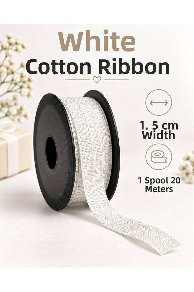 White Linen Ribbon 1.5 cm – 1 Roll 20 Meters – Gift Wrapping, Flower Bouquet, Event and Decoration Ornament Ribbon