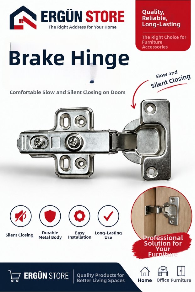 Soft-Close Cabinet Door Hinge with Brake and Piston, Flat, 1 Piece
