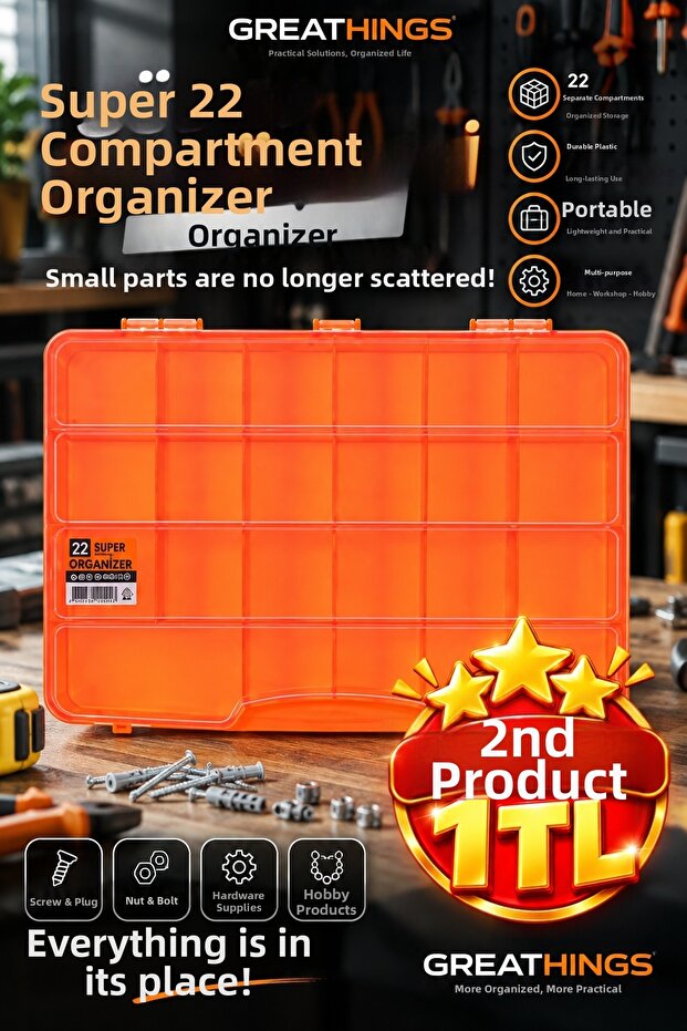 22 Compartment Orange Organizer Multi-Purpose Material Organizing Box with Transparent Lid
