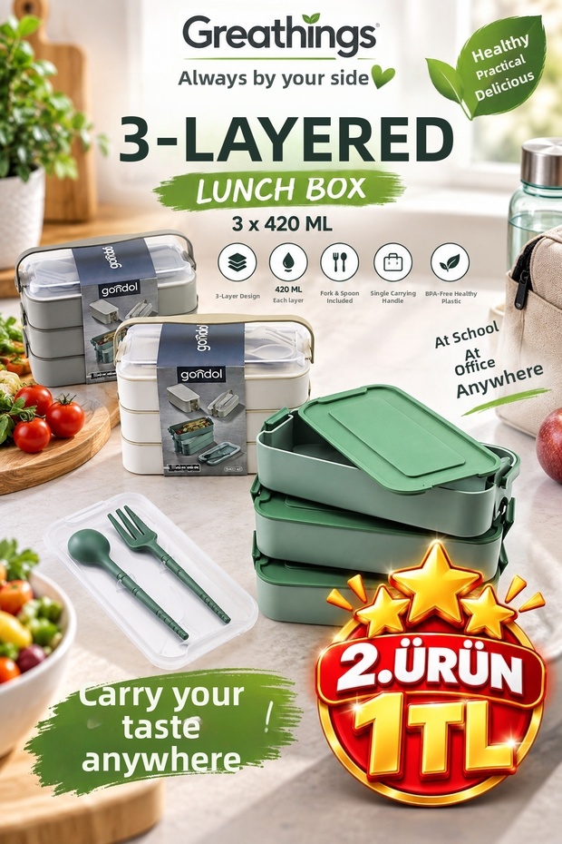 3-Tier 420 ml Plastic Lunch Box with Fork and Spoon and Handle, Portable Food Container