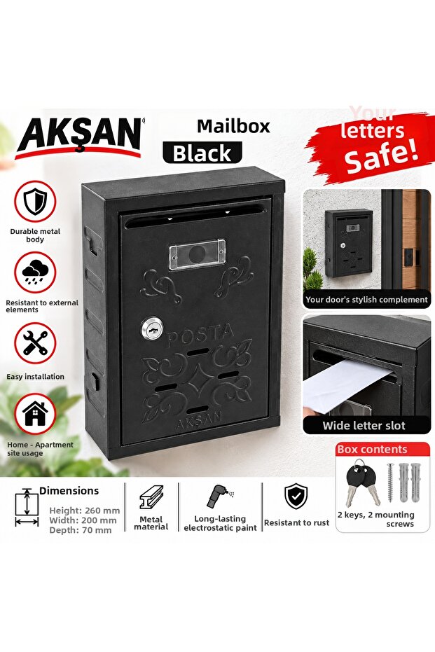 Akşan Mailbox with Motif Black Color Casting