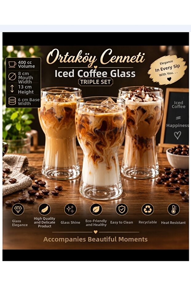 Cold Coffee Glass 3-Piece Dghz Model New Concept 400 Cc Volume 13 cm Height 8 cm Mouth 6 cm Base Stylish Decorative