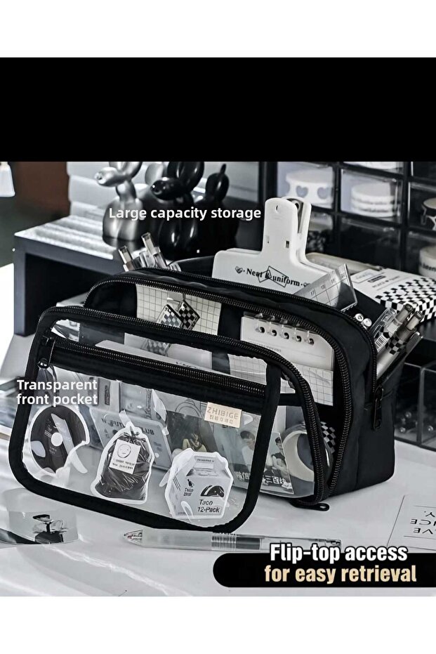 Large Capacity Transparent Compartments Simple Design Pencil Case Pen Holder School Cosmetic Organizer