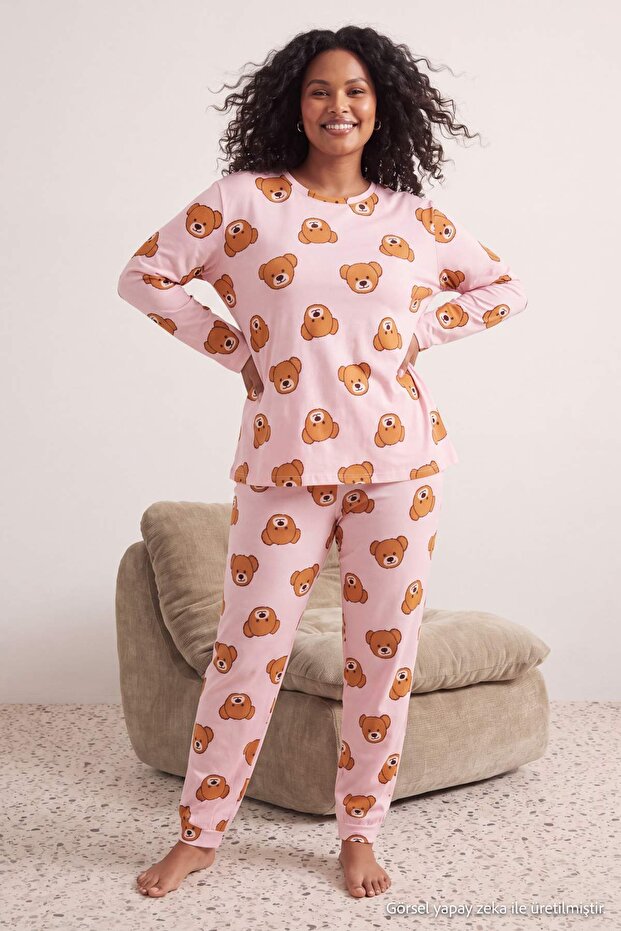 Pink Teddy Bear Patterned Crew Neck Knitted Large Size Pajama Set Tbbaw25Ai00011
