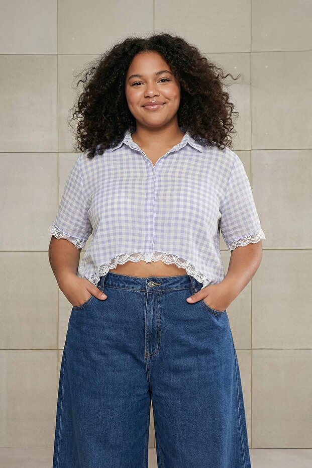 Multi-Colored Voile Plaid/Check Transparent Woven Plus Size Blouse Tbbss26Af00113