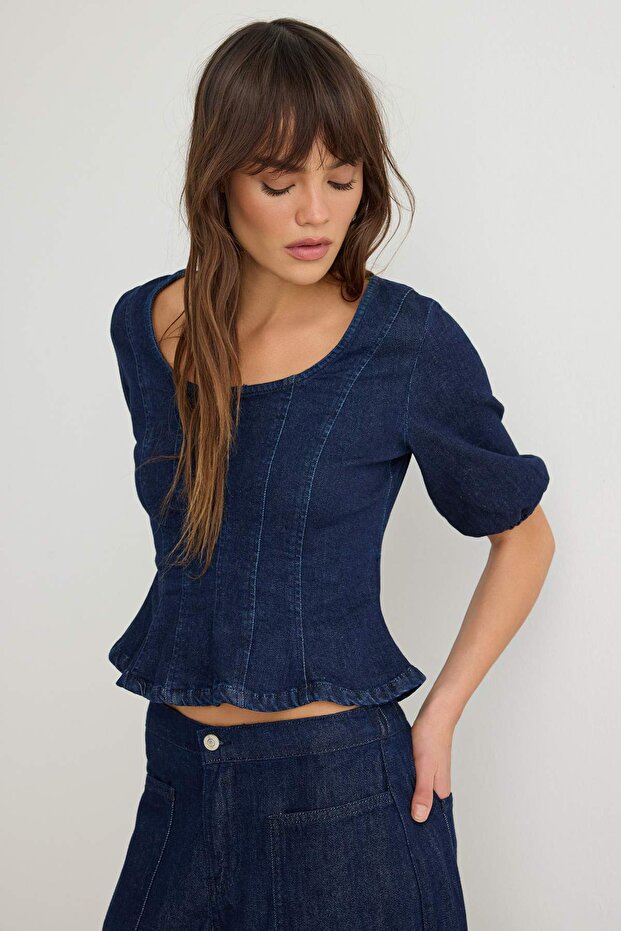 Dark Blue Low Stretch Peplum Denim Blouse Twoaw27Bz00128