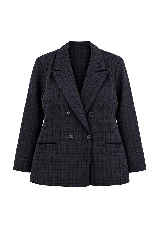 Gri Özel Koleksiyon Antrasit Ekoseli/Kareli Oversize Dokuma Blazer Ceket Blazer Ceket TBBAW27AG00013