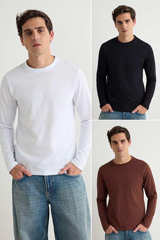 Black-Brown-White Regular/Normal Long Sleeve 3-Piece Basic Pack T-Shirt TMNAW21TS0197