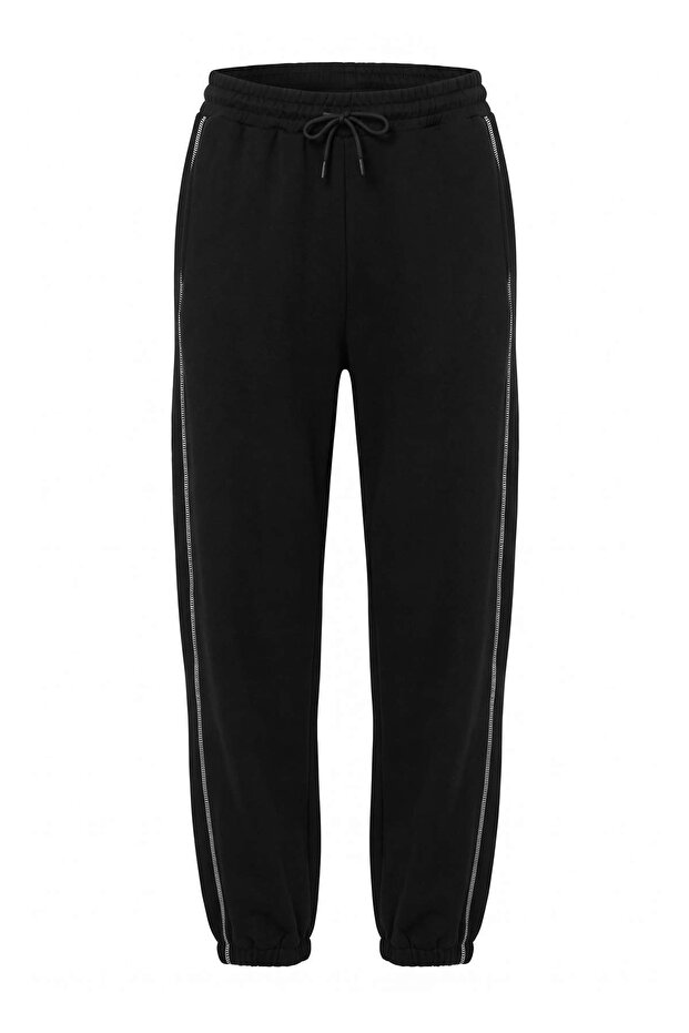 Black Barrel Molded Knitted Sweatpants with Side Stitching Detail Twoaw27Ea00028