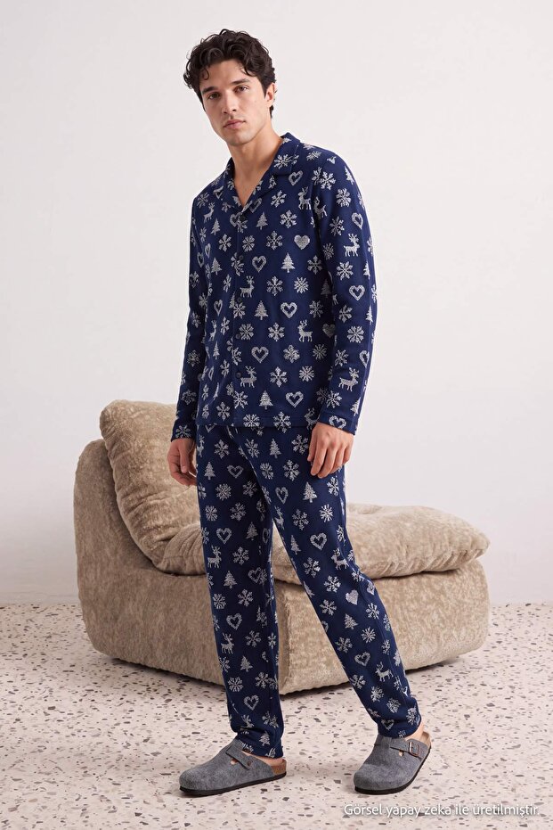 Navy Blue Regular Christmas Themed Knitted Shirt Pajama Set Tmnaw27Pt00050