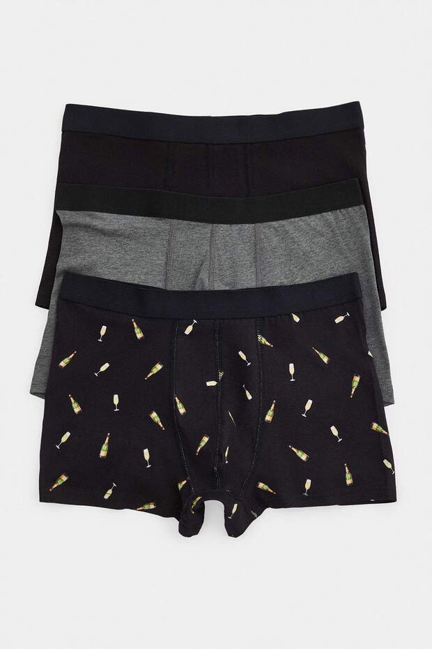 Black 3 Pack 1 Patterned 2 Plain Champagne Themed Stretchy Boxer Tmnaw27Bx00011