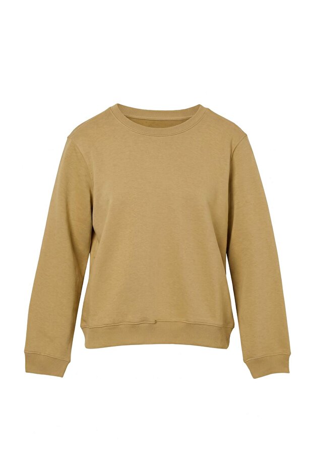 Light Khaki Thick Fleece Inside Regular Fit Crew Neck Basic Knitted Sweatshirt Twoaw24Sw00101