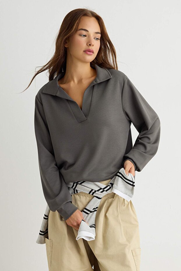 More Sustainable Antrasit Soft/Yumuşak Dokunuşlu Polo Yaka Örme Sweatshirt TWOAW27SW00127