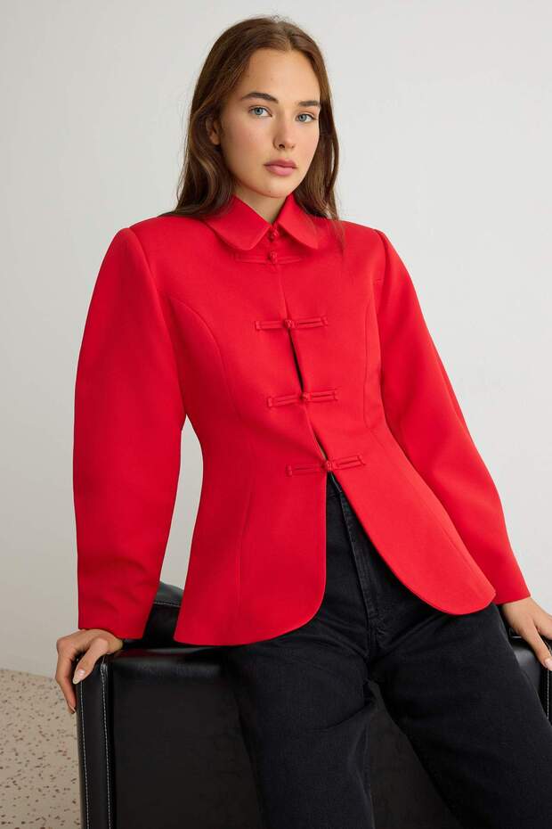 Kırmızı Süs Düğmeli Fitted/Vücuda Oturan Dokuma Blazer Ceket TWOAW27BC00054