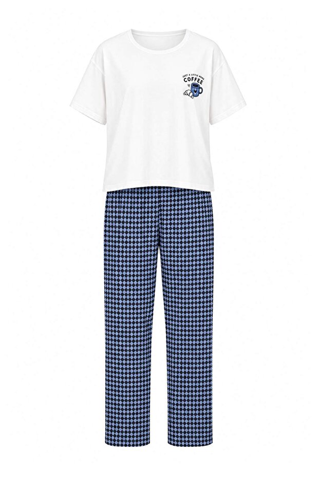 Ecru Cotton Blended Lycra Back Printed Diamond Pattern Knitted Pajama Set Thmaw27Pt00025