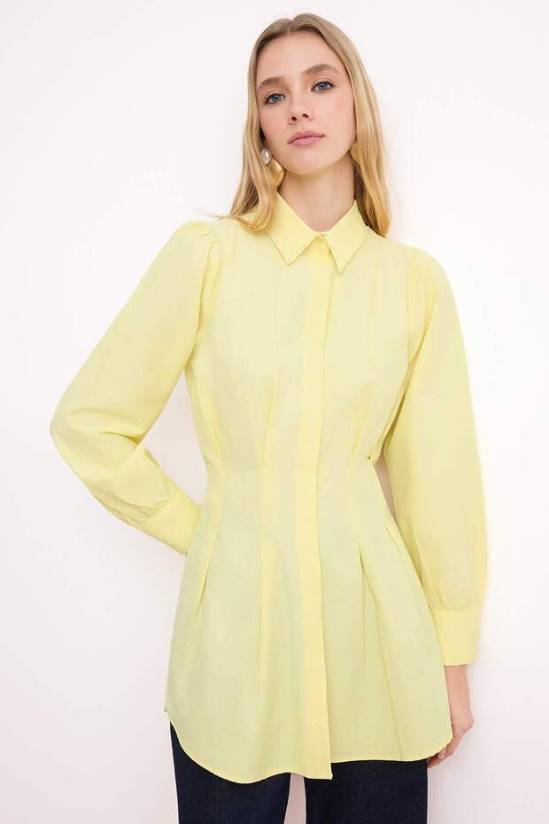 Açık Sarı İncili Fitted Terrycotton Düz Dokuma Tesettür Gömlek TCTAW24TG00027