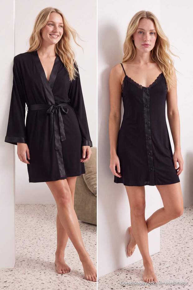 Siyah 4'lü Dantel ve Saten Detaylı Viskon Örme Pijama Takımı THMSS26PT00273