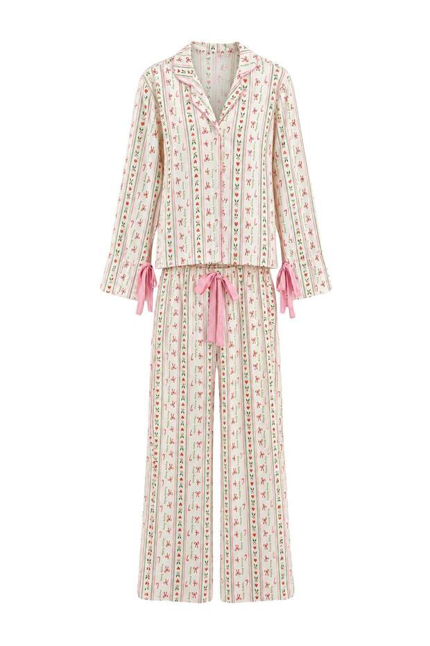 Ekru %100 Pamuklu Yılbaşı Temalı Biye ve Kurdele Detaylı Örme Pijama Takımı THMAW27PT00212