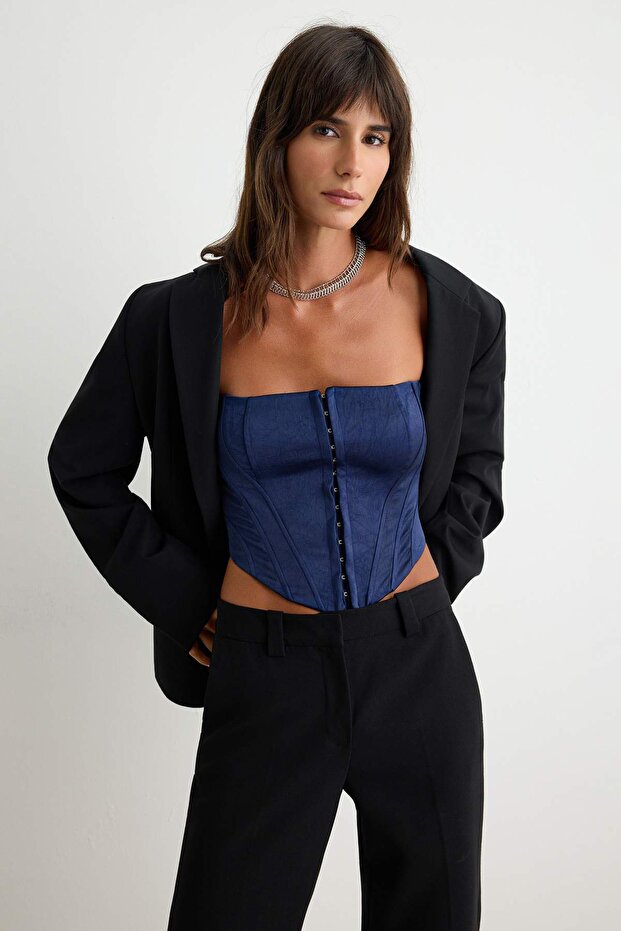 Navy Blue Jacquard Agraf Detailed Corset Bustier Tpraw27Bs00015