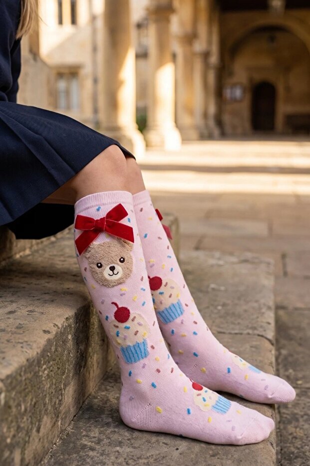 Girl's Cupcake Teddy Patterned Knee-Length School Socks