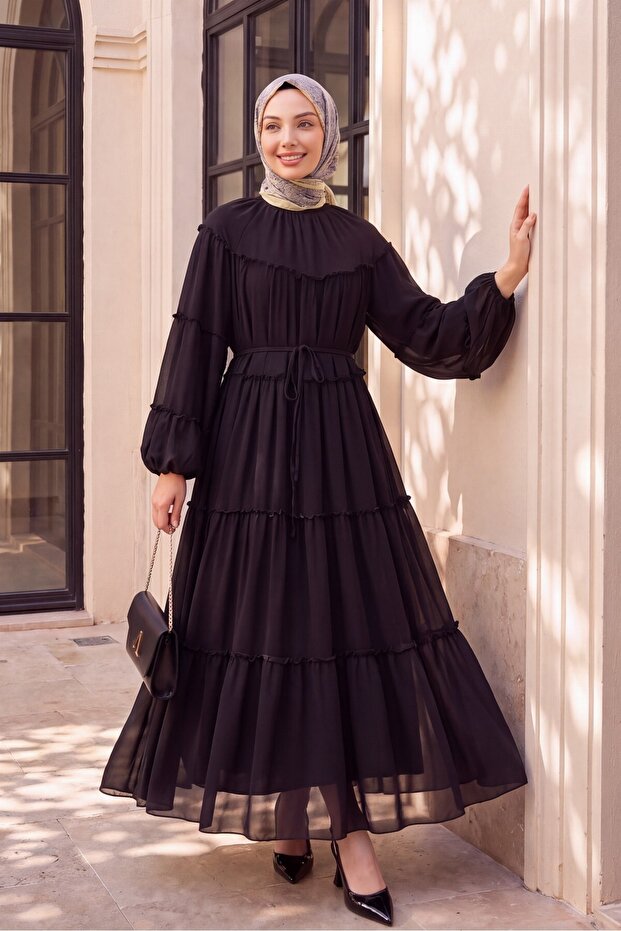 Elasticized Sleeves, Tieable Waist, Layered Ruffle Detailed Dress - Black