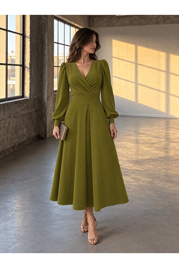 Pistachio Green Double Breasted Collared Gathered Dress 582804