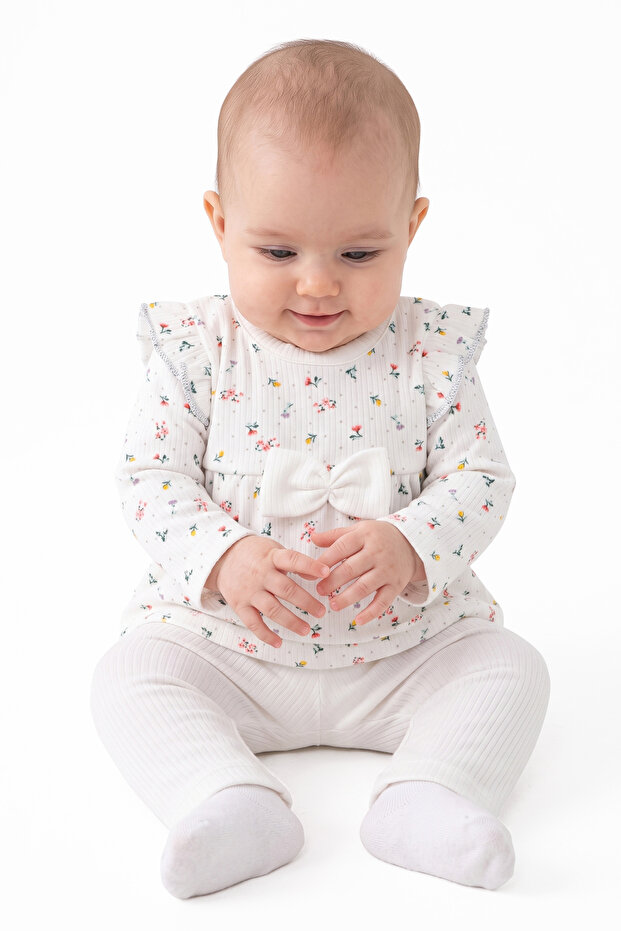 Baby Girl Ecru Colorful Tiny Floral Patterned Ruffle Pajama Set
