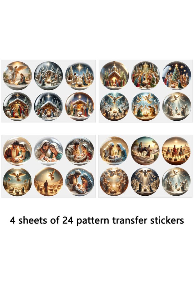Multi-Colored 4 Round Christmas Nativity Scene DIY UV DTF Rub On Transfer Stickers Xmas Tree Ornamen