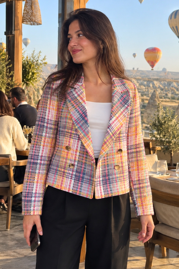 Women's Yellow-Fuchsia Double-Breasted Collar Tweed Crop Jacket Arm-24K001014