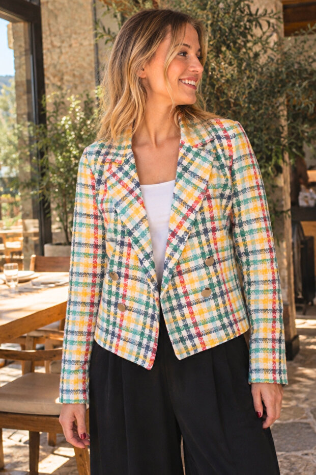 Women's Yellow-Red Double-Breasted Collar Tweed Crop Jacket Arm-24K001014