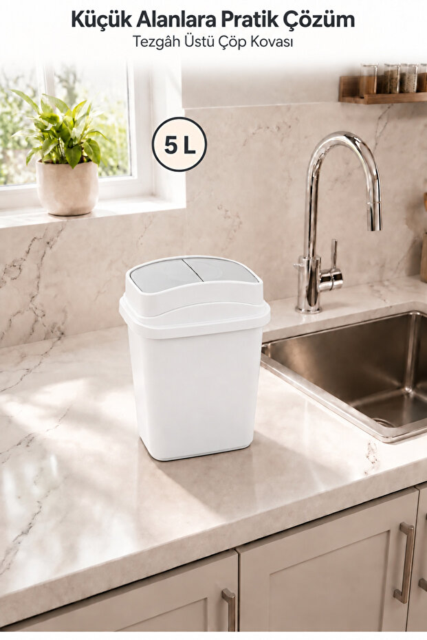 5 Liter Trash Can with Swing Lid White Compact Trash Bin for Kitchen, Bathroom, and Office