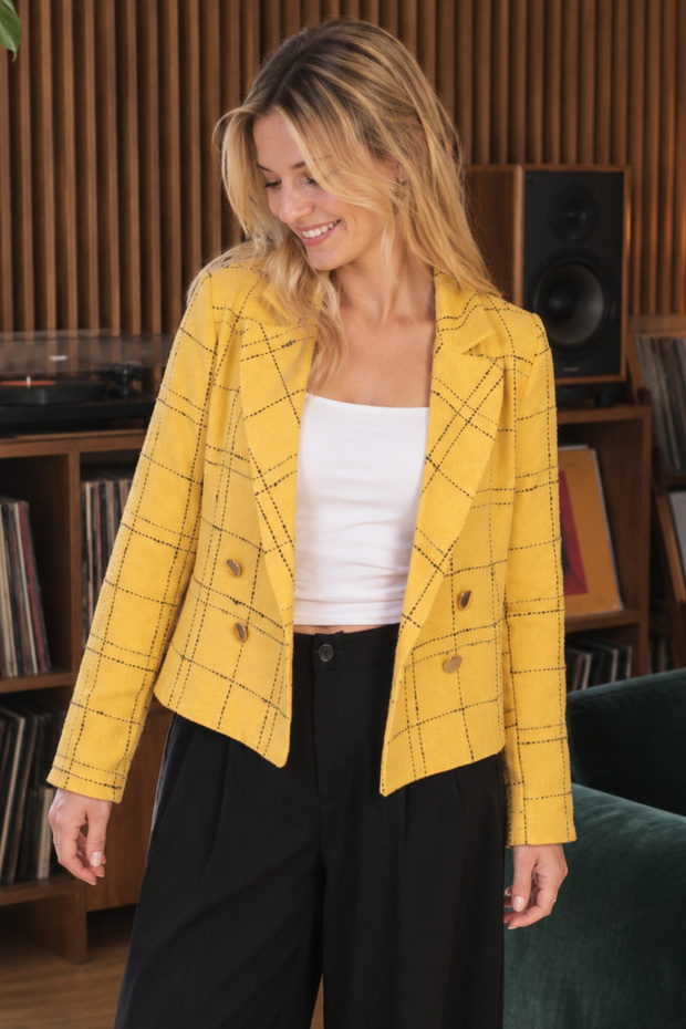 Women's Mustard-Black Double Breasted Collar Tweed Crop Jacket Arm-24K 001014
