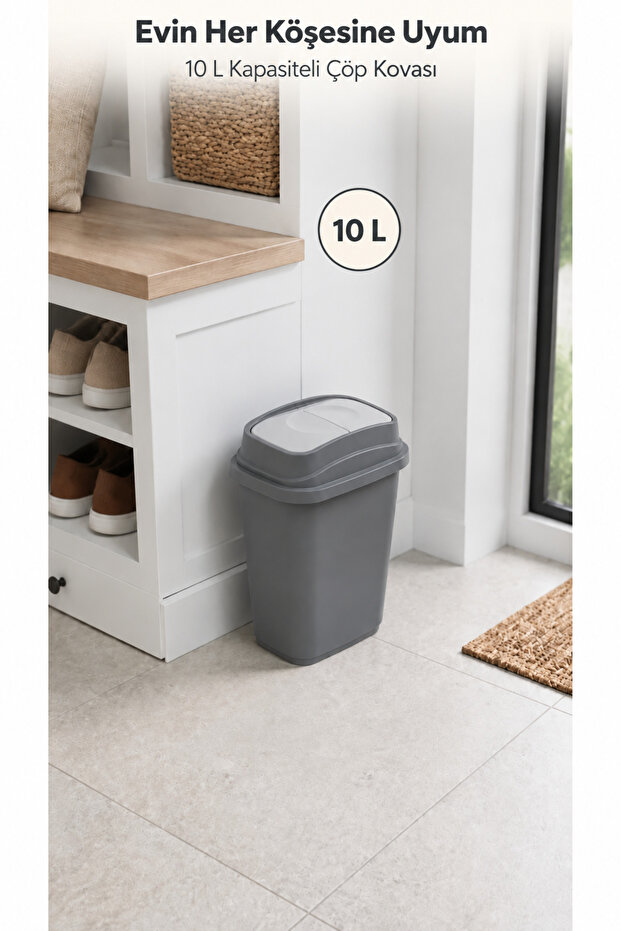 10 Liter Swinging Lid Trash Can White – Compact Waste Bin for Kitchen, Bathroom, and Office