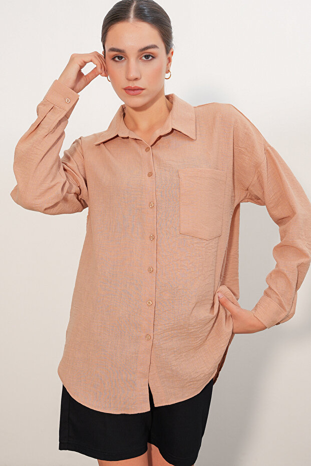 20153 Single Pocket Oversize Linen Shirt - Biscuit