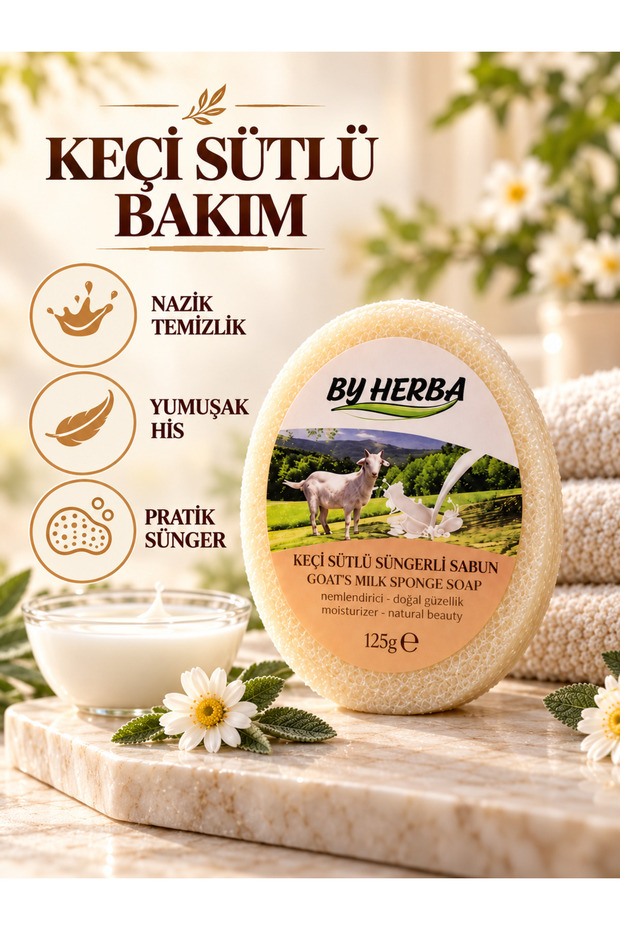 Goat Milk Natural Sponge Soap with Peeling Effect, Delightful Moisturizing, Purifying, Cleaning, Exfoliating Body Bath Soap 130 Gr